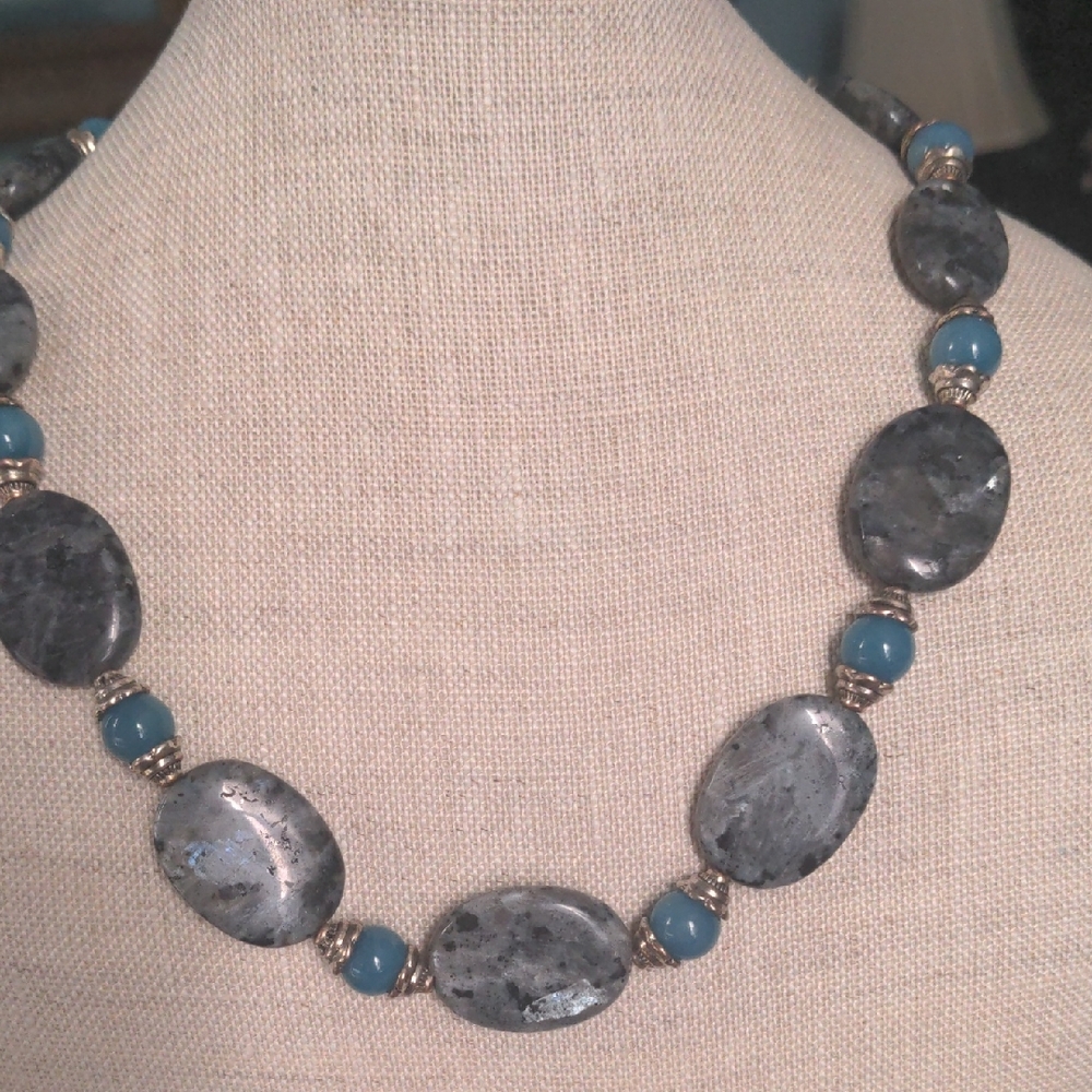 New Multi Color Gemstone Necklace, Larvakite, Blue Quartz, Silver, Boho,  21"